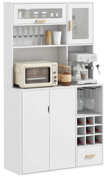 HOMCOM Dulap de Bucătărie cu Depozit de Vinuri, Bufet cu Cabină, Blat cu Microunde, Sertar, Poliță, Uși din Sticlă, 100x38x172 cm, Alb | Aosom Romania