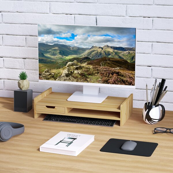 HOMCOM Suport pentru Monitor cu Spațiu pentru Mouse și Tastatură și Raft de Depozitare, 49x25,5x11,5 cm, Natural | Aosom Romania