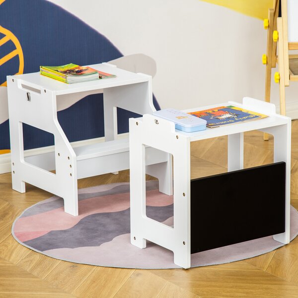 HOMCOM Scara Montessori 2 in 1 detasabila din MDF, pentru copii 3-6 ani, cu taburet, tabla, balustrada si balustrade incluse, alb | Aosom Romania