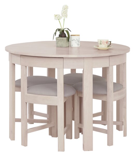 KONDELA Set de sufragerie 1+4, lemn masiv, alb model lemn /gri-bej, DOMIO