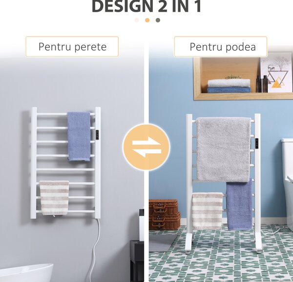 HOMCOM Incalzitor electric pentru prosoape , cu 8 bare cu temporizator incorporat si indicatoare LED, otel carbon, alb