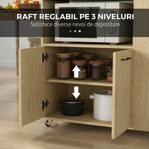 Cărucior de bucătărie din PAL cu raft deschis, dulap cu 2 uși și poliță laterală cu 2 niveluri, 75x40x80,5cm stejar și negru HOMCOM | Aosom Romania