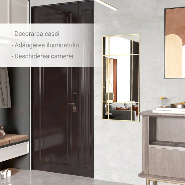 HOMCOM Oglindă de Perete Dreptunghiulară, Oglindă Tip Fereastră cu Cadru Metalic, Oglindă Decorativă Suspendată, 110x2x50 cm, Auriu | Aosom Romania