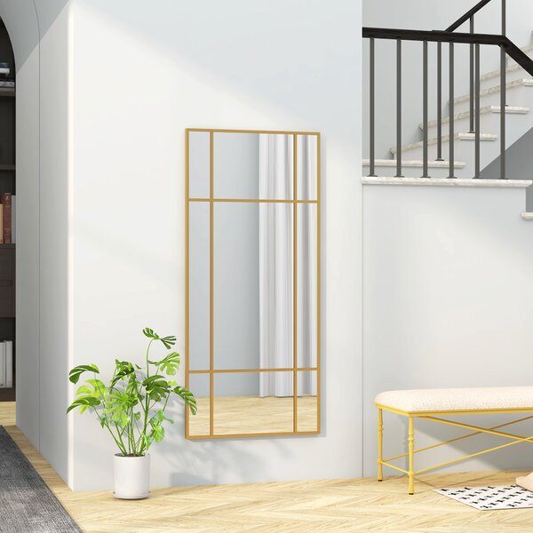 HOMCOM Oglindă de Perete Dreptunghiulară, Oglindă Tip Fereastră cu Cadru Metalic, Oglindă Decorativă Suspendată, 110x2x50 cm, Auriu | Aosom Romania
