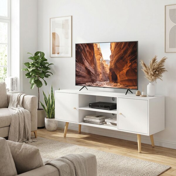 HOMCOM Cabinet TV 55" cu 2 Dulapuri, Uși și 2 Rafturi Deschise, Consolă TV din Lemn și PAL, 120x34x50 cm, Alb | Aosom Romania
