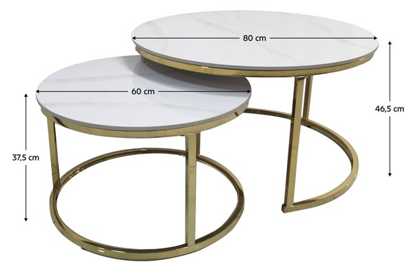 KONDELA Set 2 mese de cafea, imitaţie de marmură/gold crom-auriu, DEVNET 3 NEW