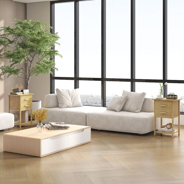 HOMCOM Noptiere, 2 piese, cu 2 Sertare și Poliță de Jos în Stil Nordic, Noptiere Moderne din Bambus, 40x34x60 cm, Lemn Natural | Aosom Romania
