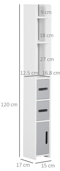 Coloană de Baie Kleankin cu Rafturi și Dulapuri, Organizator Lemn, Design Modern 15x17x120cm, Alb și Gri | Aosom Romania