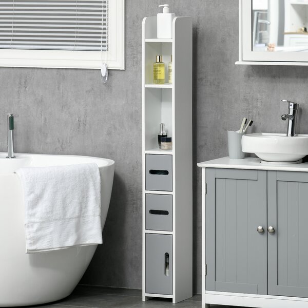 Coloană de Baie Kleankin cu Rafturi și Dulapuri, Organizator Lemn, Design Modern 15x17x120cm, Alb și Gri | Aosom Romania