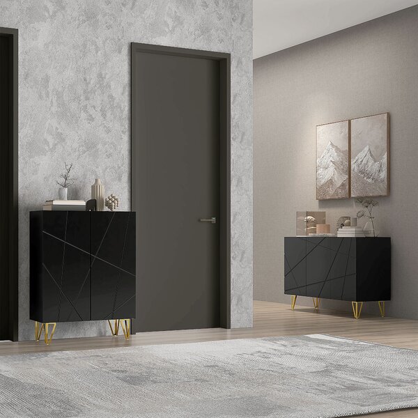 HOMCOM Dulap de Depozitare cu 2 Dulapuri și Raft Reglabil pe 3 Niveluri, Bufet Modern din PAL și Metal, 120x40x75 cm, Negru și Auriu | Aosom Romania