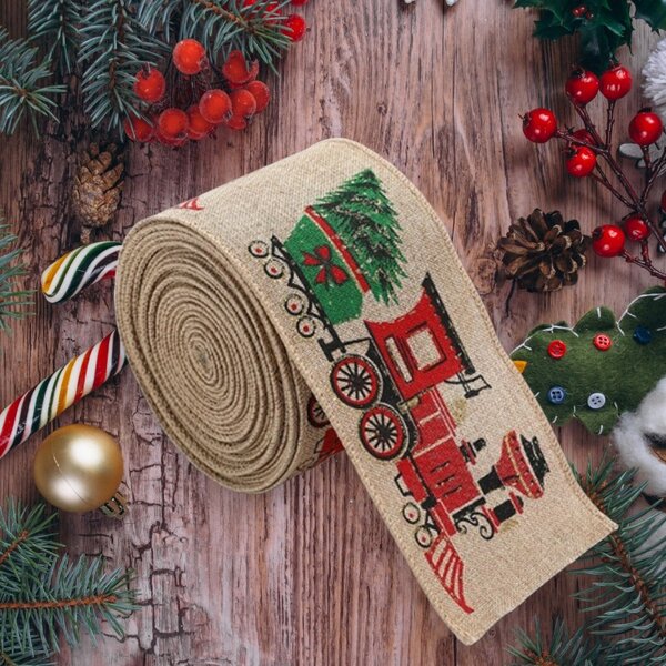 Panglica de Craciun CHRISTMAS TRAIN 6,3 cm x 2 m, bej