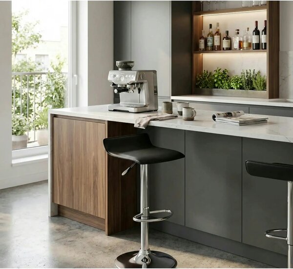 Scaun bar H1, negru/crom, piele ecologica/PVC/otel, 40x39x63/84 cm