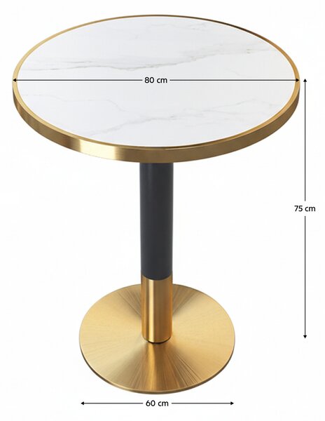 KONDELA Masă bistro de sufragerie, marmură albă/negru/auriu, diametru 80 cm, OREN