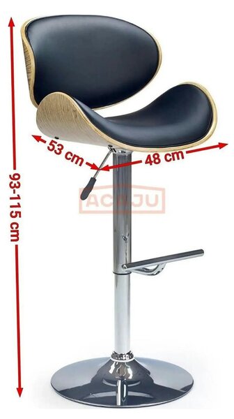 Scaun bar H44, negru/stejar deschis/crom, piele ecologica/placaj indoi