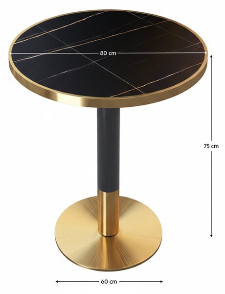 KONDELA Masă bistro de sufragerie, marmură neagră/negru/auriu, diametru 80 cm, OREN