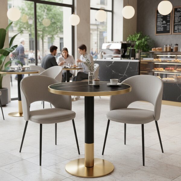 KONDELA Masă bistro de sufragerie, marmură neagră/negru/auriu, diametru 80 cm, OREN