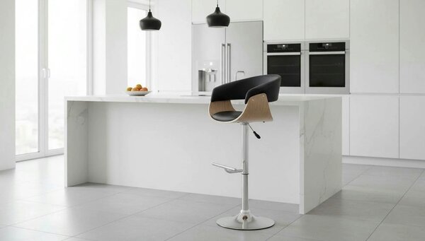 Scaun bar H45, negru/stejar deschis/crom, piele ecologica/placaj indoi