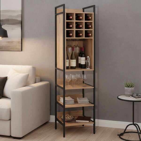 KONDELA Raft pentru vin, stejar/negru, VINPO