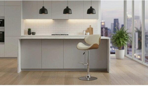 Scaun bar H44, crem/nuc/crom, piele ecologica/placaj indoit/otel, 53x4