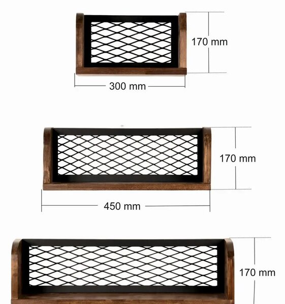 Set 3 etajere Box Homs, nuc-metal negru, 60 x 17 x 10 cm