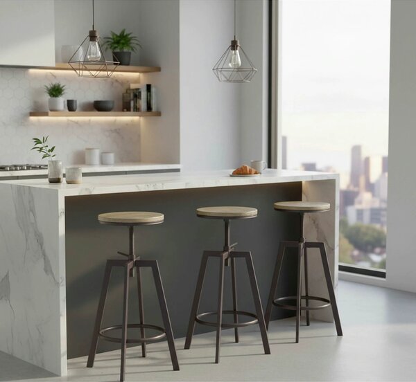 Scaun bar industrial H64, stejar/gri inchis, 30x30x63/80 cm