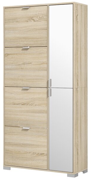 HOMCOM Etajeră pentru Pantofi cu Oglindă, 4 Sertare Rabatabile și 2 Dulapuri, 82x30x168 cm, Culoare Stejar | Aosom Romania