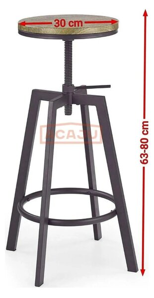 Scaun bar industrial H64, stejar/gri inchis, 30x30x63/80 cm