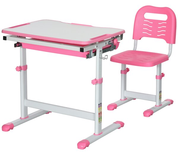 HOMCOM Set Masă și Scaun pentru Copii Reglabilă pe Înălțime, cu Blat Înclinabil 45°, 66x47x52-77 cm, Roz | Aosom Romania