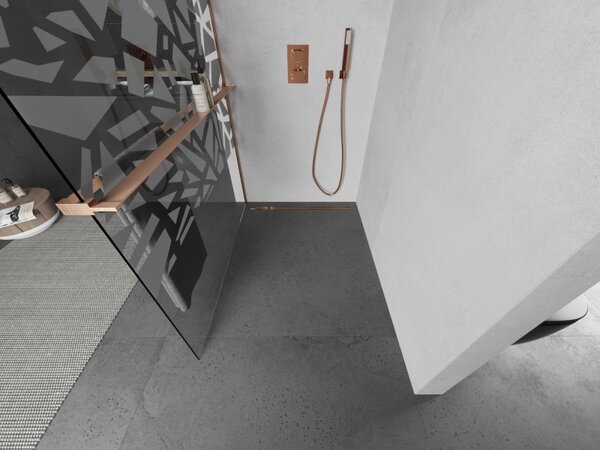 Mexen Kioto+, Paravan de duș Walk-In cu poliță și cuier 110 x 200 cm, model sticlă transparentă de 8 mm alb, profil cupru mat, 800-110-121-65-85