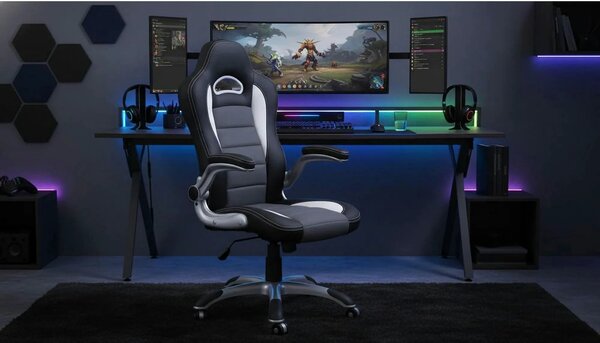 Scaun gaming LOTUS, negru/gri, piele ecologica perforata, 63x65x117/12