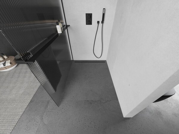 Mexen Kioto+ L, Paravan de duș Walk-In cu poliță și cuier 70 x 200 cm, sticlă 8 mm cu model nervurat, profil negru, 800-070-123-70-09