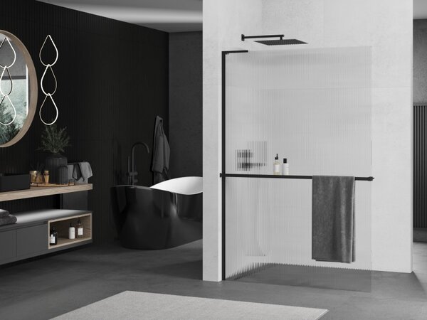 Mexen Kioto+ L, Paravan de duș Walk-In cu poliță și cuier 70 x 200 cm, sticlă 8 mm cu model nervurat, profil negru, 800-070-123-70-09