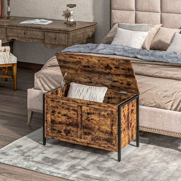 HOMCOM Bancă de Depozitare de 95L în Stil Industrial cu Capac cu Balamale de Siguranță, 80x40x49 cm, Maro Rustic | Aosom Romania