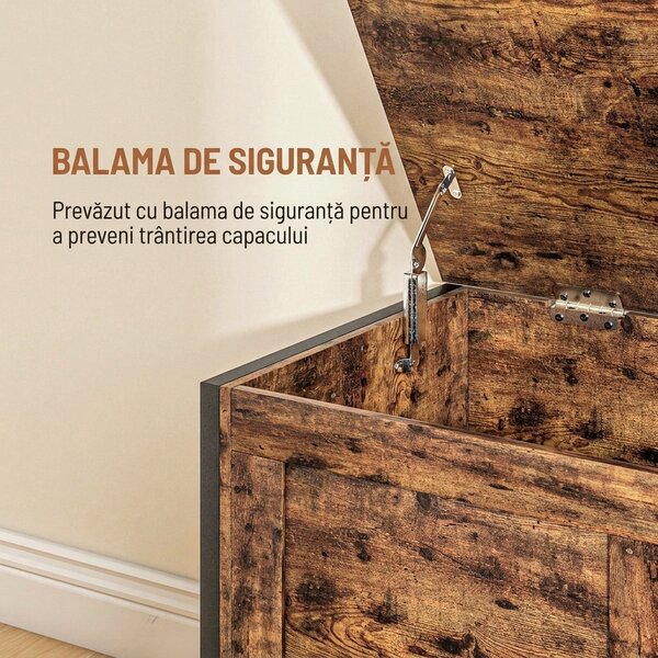 HOMCOM Bancă de Depozitare de 95L în Stil Industrial cu Capac cu Balamale de Siguranță, 80x40x49 cm, Maro Rustic | Aosom Romania