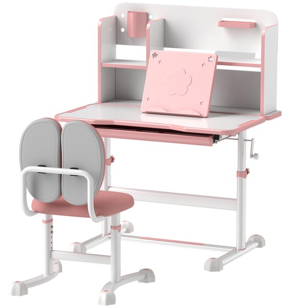 AIYAPLAY Set Birou pentru Copii 3-12 Ani Reglabil pe Înălțime și Blat Înclinabil la 45°, 80x55x107.5 cm, Culoare Roz | Aosom Romania