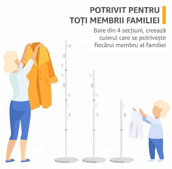 HOMCOM Cuier Înalt cu 8 Cârlige și Bază Rotundă, Cuier de Podea din Oțel și Marmură, 35x35x170 cm, Alb | Aosom Romania