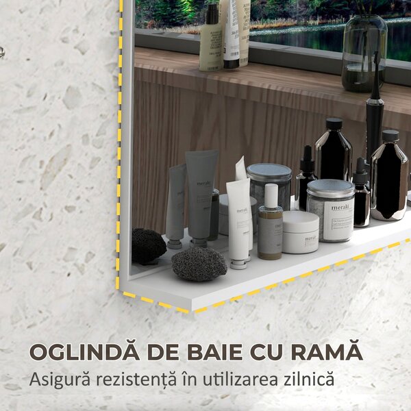 Kleankin Oglindă de Baie de Perete cu Raft, Oglindă Modernă Multifuncțională, 60x12x40 cm, Alb | Aosom Romania