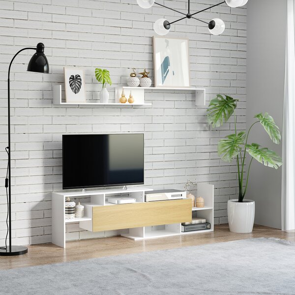 HOMCOM Dulap TV cu Raft de Perete, Rafturi Deschise și Dulăpior din Lemn, Mobilier TV Modern, 153,6x25x42 cm, Alb | Aosom Romania