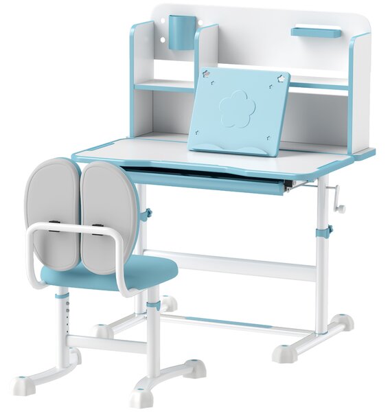 AIYAPLAY Set Birou și Scaun pentru Copii 3-12 Ani Reglabile pe Înălțime și Blat Înclinabil, 80x55x107.5 cm, Albastru | Aosom Romania