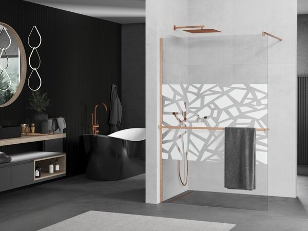 Mexen Kioto+, Paravan de duș Walk-In cu poliță și cuier 110 x 200 cm, model sticlă transparentă de 8 mm alb, profil cupru mat, 800-110-121-65-85