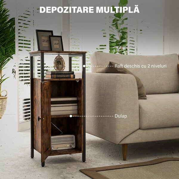 HOMCOM Noptieră în Stil Industrial cu 2 Rafturi Deschise și Raft Interior Reglabil pe 3 Nivele, 34x30x80 cm, Maro Rustic | Aosom Romania