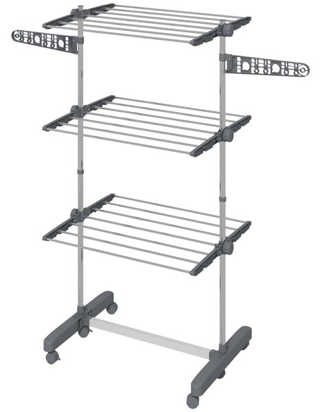 HOMCOM Uscător de Rufe Pliabil Tip Turn cu 6 Roți, Cârlige și 3 Rafturi Reglabile pentru Interior, 142x55x152 cm, Argintiu | Aosom Romania