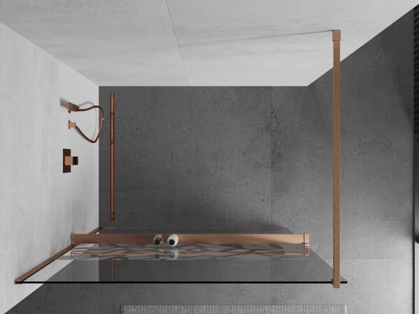 Mexen Kioto+, Paravan de duș Walk-In cu poliță și cuier 110 x 200 cm, model sticlă transparentă de 8 mm alb, profil cupru mat, 800-110-121-65-85