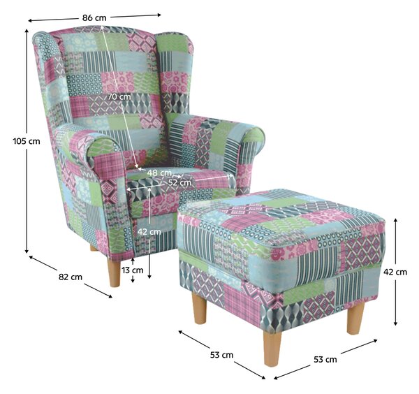 KONDELA Fotoliu cu taburet, material textil în stilul patchwork M1, ASTRID