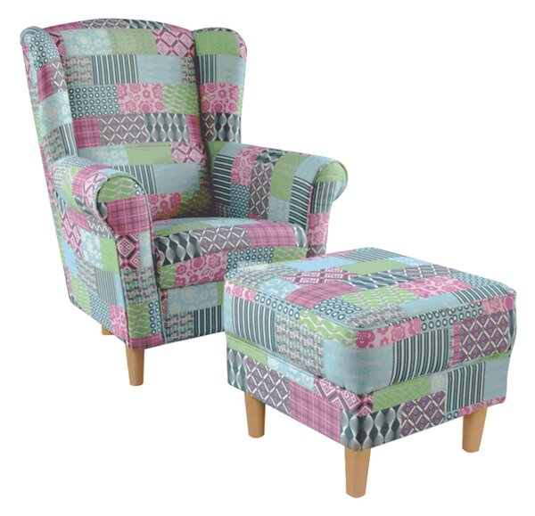 KONDELA Fotoliu cu taburet, material textil în stilul patchwork M1, ASTRID