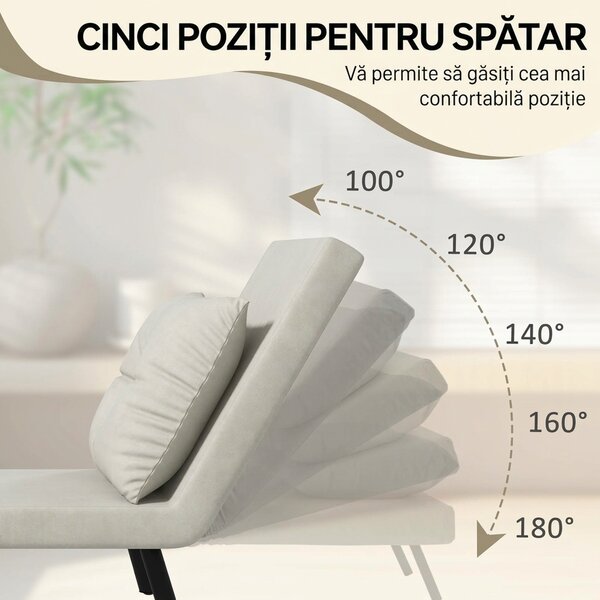 HOMCOM Canapele Extensibile Individuală Alb Crem 63x73x81 cm cu Pernă Extensibilă pe 5 Nivele | Aosom Romania
