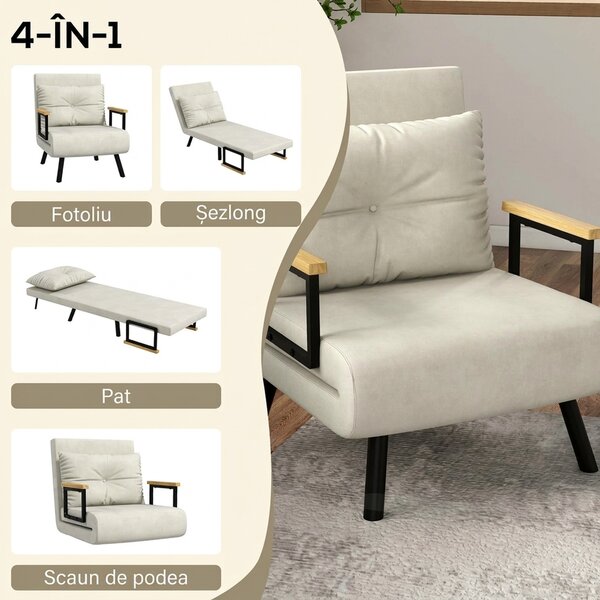 HOMCOM Canapele Extensibile Individuală Alb Crem 63x73x81 cm cu Pernă Extensibilă pe 5 Nivele | Aosom Romania