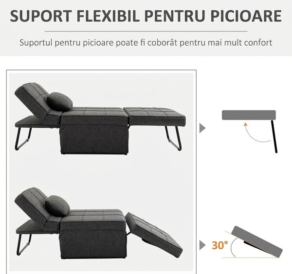HOMCOM Canapea extensibilă cu Spătar Reglabil pe 5 Nivele și Pernă Suplimentară, 95x179x78 cm, Gri | Aosom Romania