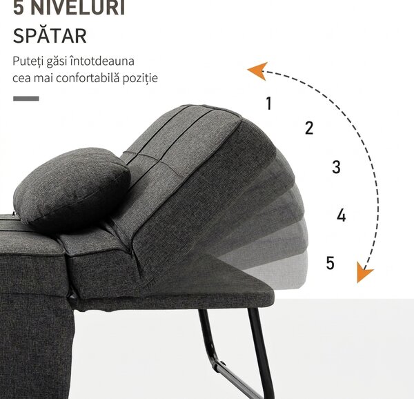 HOMCOM Canapea extensibilă cu Spătar Reglabil pe 5 Nivele și Pernă Suplimentară, 95x179x78 cm, Gri | Aosom Romania