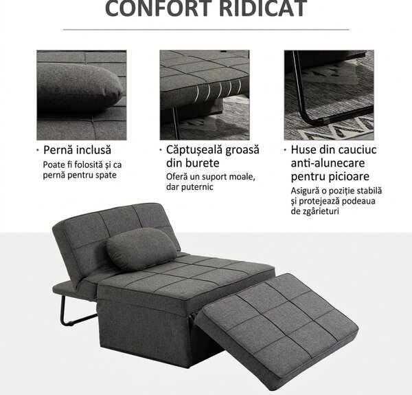 HOMCOM Canapea extensibilă cu Spătar Reglabil pe 5 Nivele și Pernă Suplimentară, 95x179x78 cm, Gri | Aosom Romania